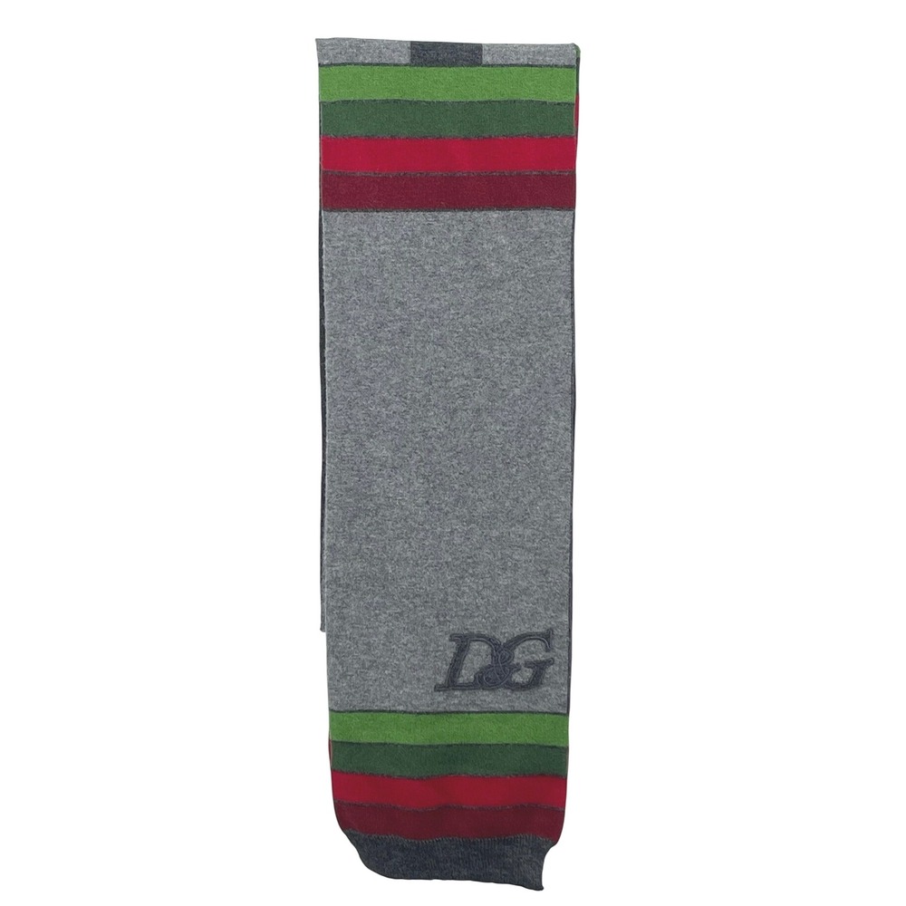 D&G Dolce & Gabbana Scarf Gray Green Red Striped Logo Knit Unisex 48"